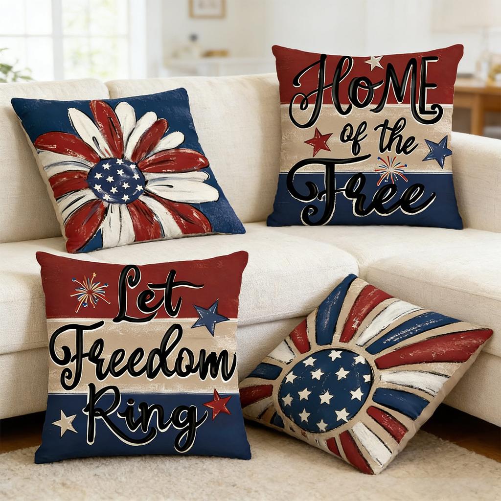Throw Covers, Patriotic Independence Memorial Day USA Flag Cushion Case For Sofa Couch Set Of 4