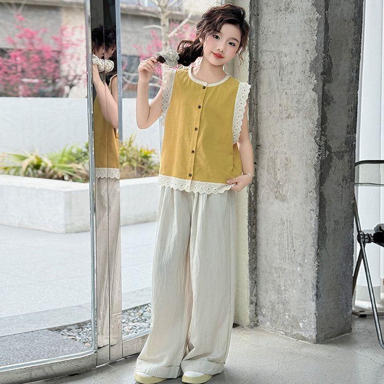 

Летний стильный и модный детский летний наряд для девочек, тонкие широкие брюки, комплект из двух предметов 150