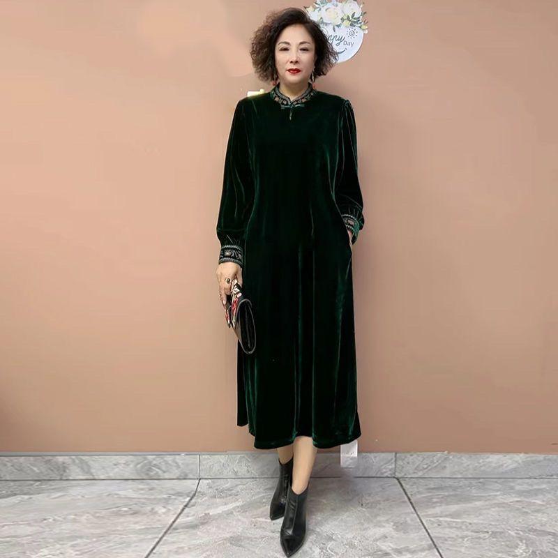 

Осень Зима Женское Платье Большого Размера Свободное Однотонное Длинное Бархатное Платье 5XL темно-зеленого