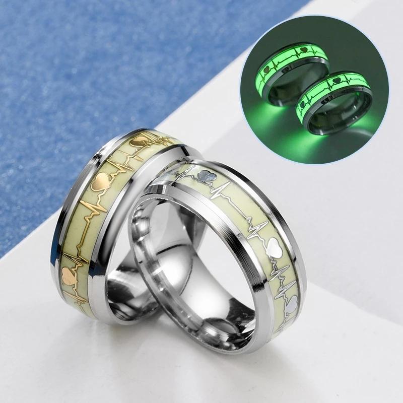 Bague Lumineuse en Acier Inoxydable Pour Femmes Hommes Brillant dans l'Obscur Cœur Couple Mariage Fête Bijoux Accessoires Jz513