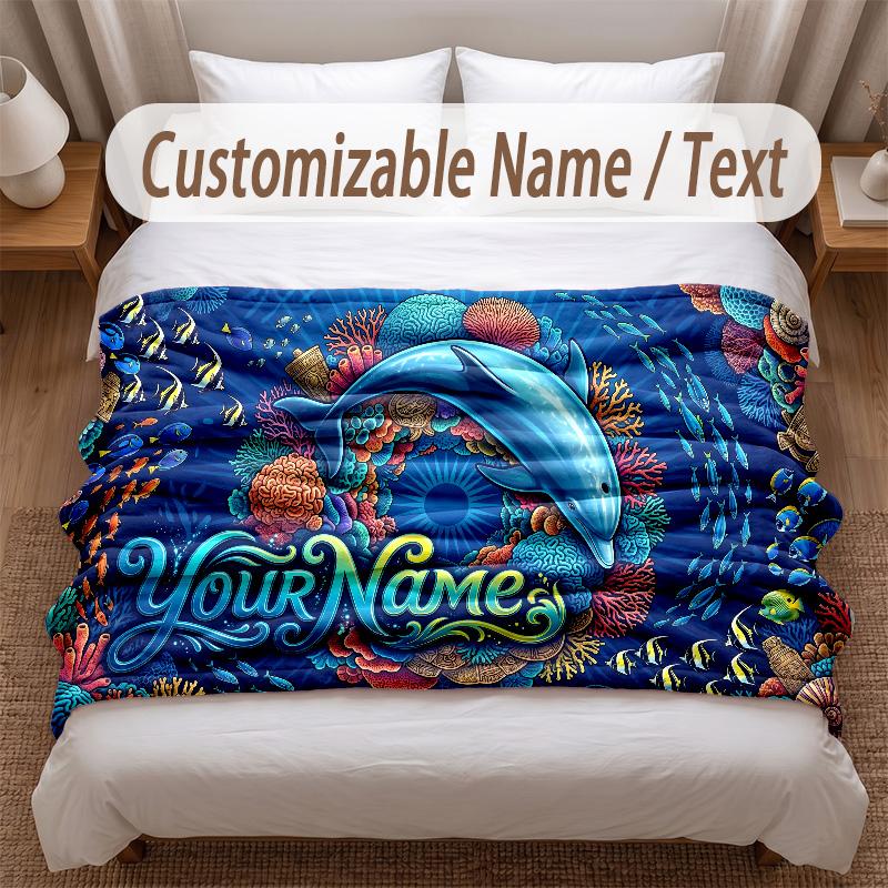 Fish Ocean Theme Soft Blanket Personalized Custom Name Text Print Warm Blanket Home Sofa Bedroom Decor