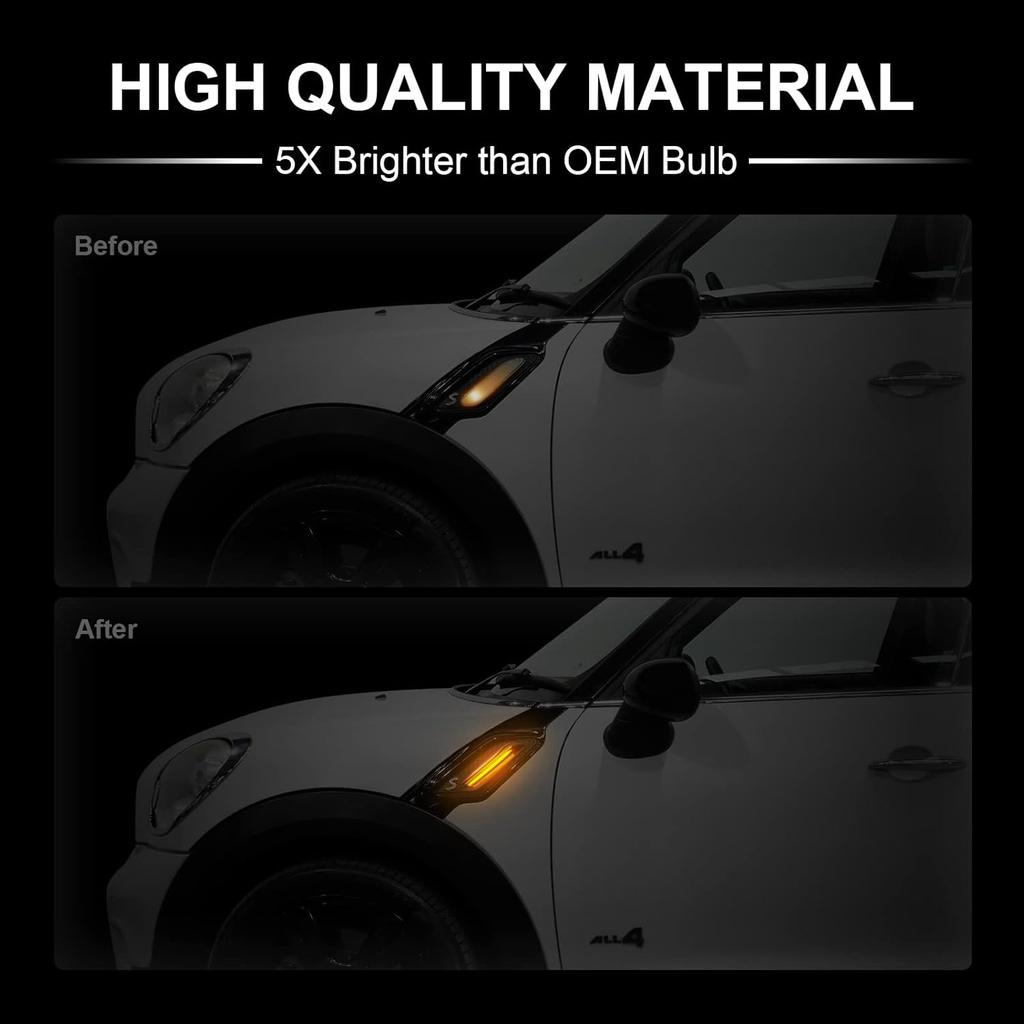 Sequential LED Side Marker Turn Signal Lights Compatible With BMW mini Cooper 2011-2016 R60 Countryman R61 Paceman, Smoked Lens Front Fender