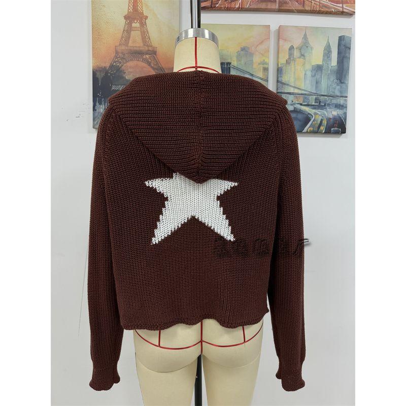 2025 Autumn and Winter Pullover Hooded Knitting Pocket Long Sleeve Five-Pointed Star Work Clothing Sweater Female Knitted Sweater