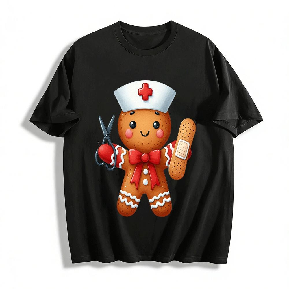 Gingerbread Nurse Print Casual Top Medical Themed Tee Pure cotton T-shirt XXS