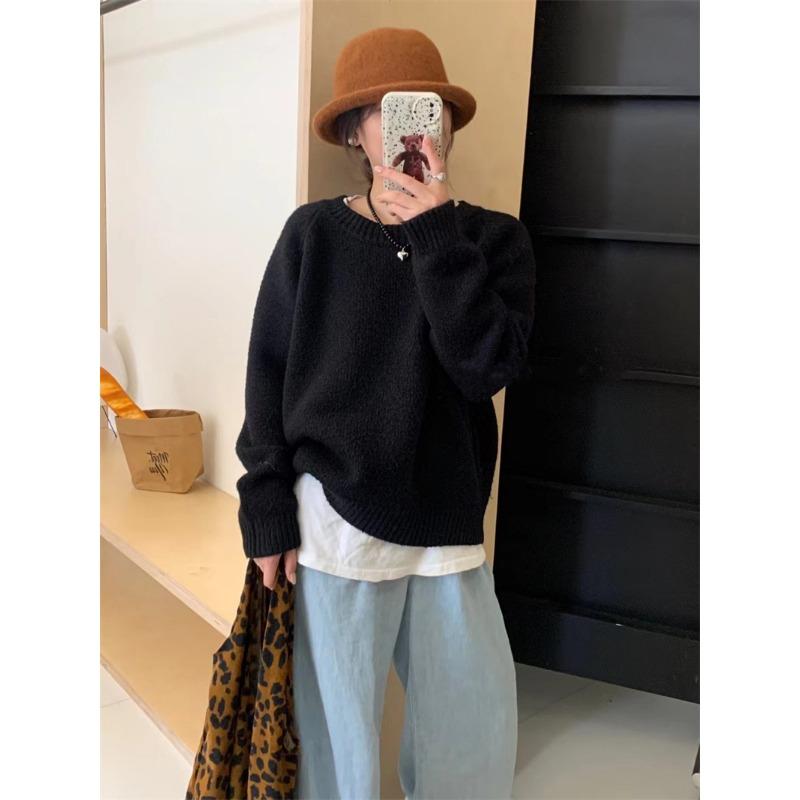 Autumn and Winter New Retro Soft Waxy Candy Color Crew Neck Pullover Sweater Women's Loose Lazy Knitted Sweater Top Thick