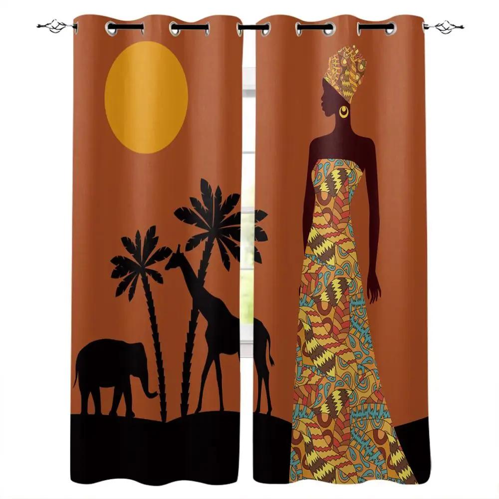 2Panels African Female Elephant Giraffe Bedroom Kitchen Curtains Living Room Decoration Items Window Curtains for Living Room