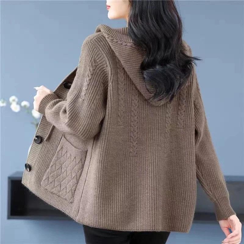 Sweater Coat for Women Cotton Knit Loose Thickened Sweater Hooded Tops Casual Oversize Cardigan Jacket