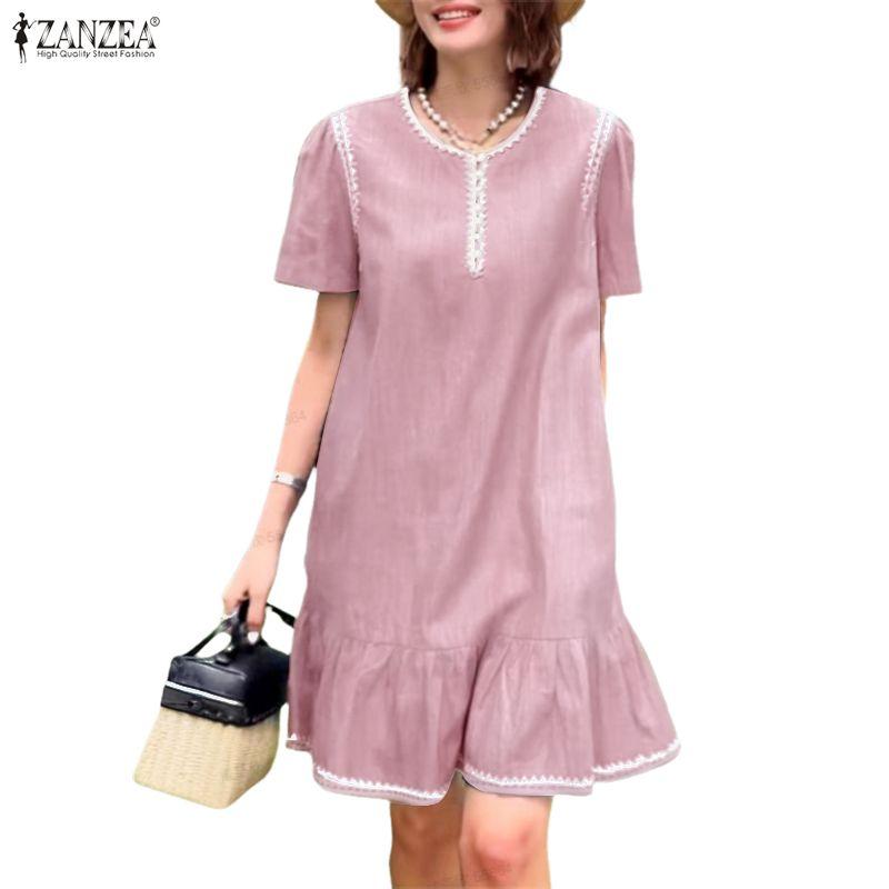 ZANZEA Womens Casual Round Neck Summer Short Sleeve Dress
