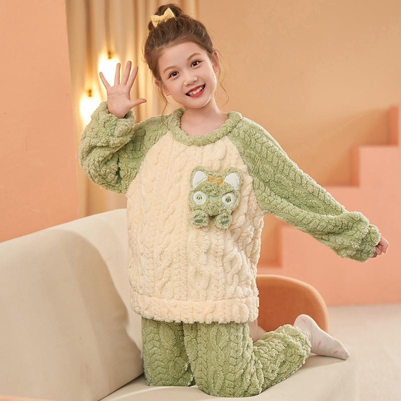 Girls Winter Coral Fleece Pajama Set Thick Warm Sleepwear Ages 8 Cartoon Animal Print Home Outfit