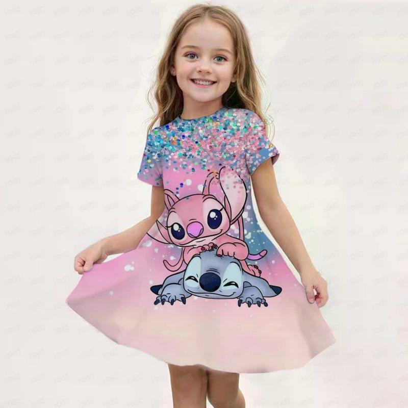 Disney Stitch Print Children's Dress, Birthday Party Girl Princess Summer Casual Soft Cute Costume Top, Hot Sale