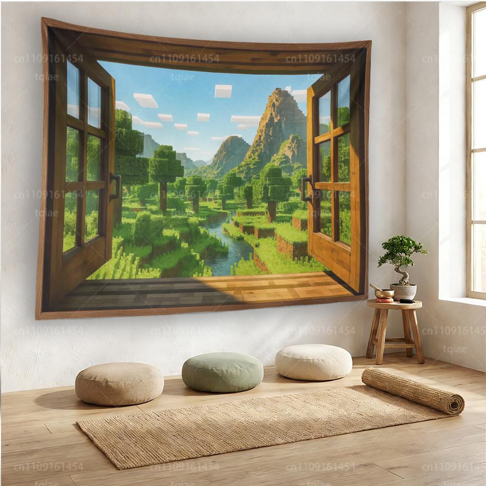 Pixel Window Landscape Tapestry Game Room Wall Art for Home Bedroom Decor