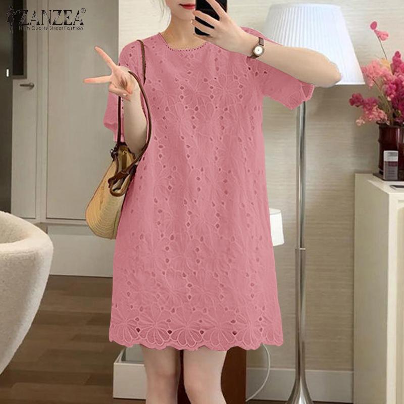 ZANZEA Rochie Casual de Damă cu Gât Rotund, Mânecă Scurtă, Patchwork, Brodată