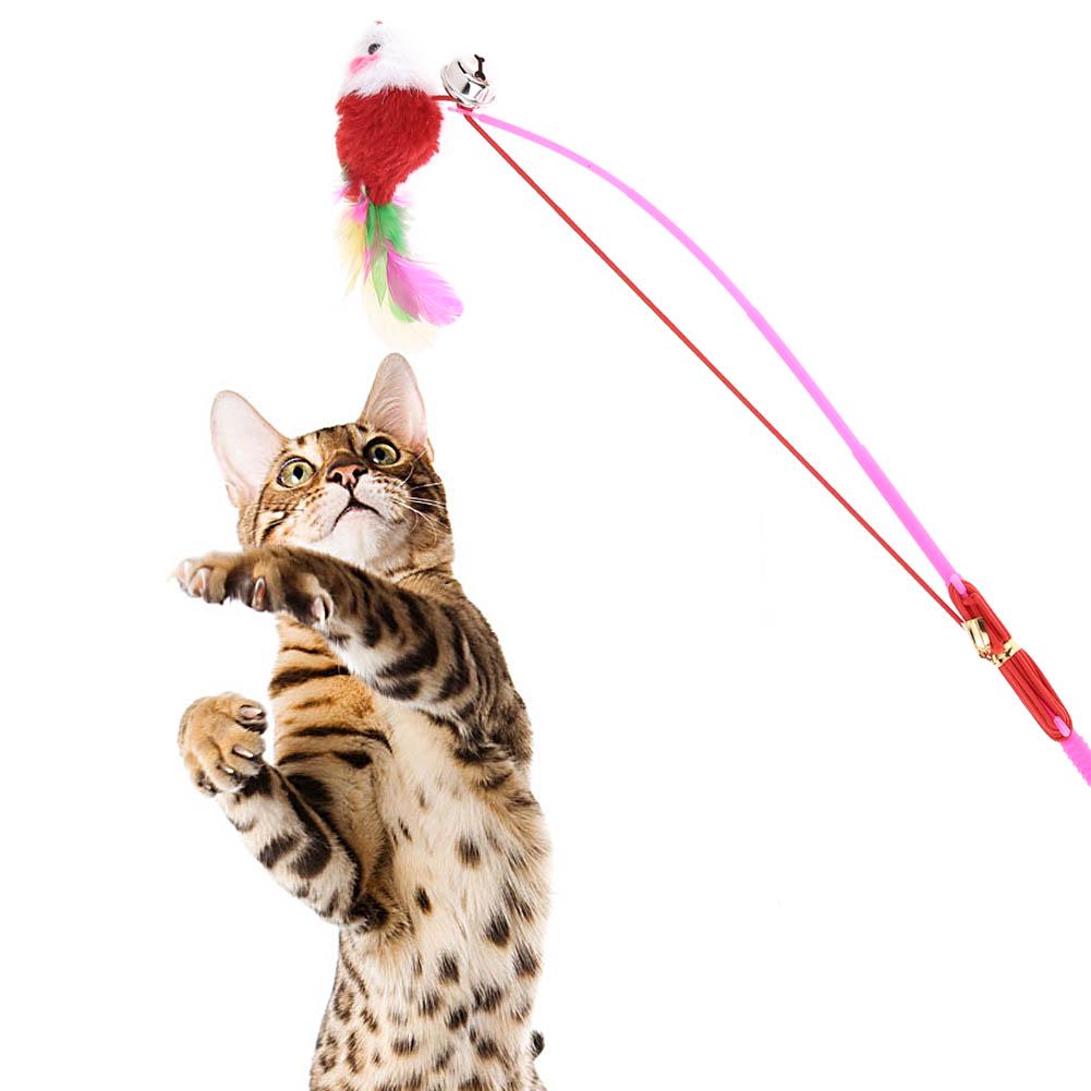 5pcs Cat Funny Stick Simulation Mouse Feather Rod Elastic Dangler Wand Teaser Playing Toy Interactive with Ring Bell