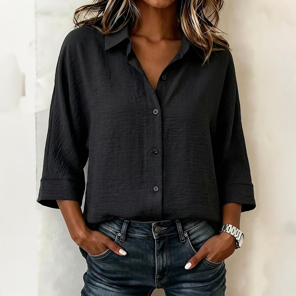 Women Linen Shirt Casual Loose Fit Three Quarter Sleeve Single Breasted Button Down Blouse Solid Basic Top for Daily Wear