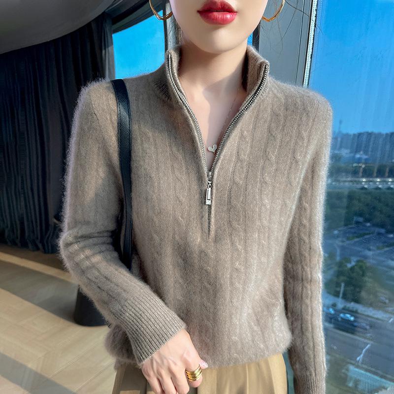 Autumn/Winter 2025 Women's High Neck Wool Knit Pullover: Ribbed Half-Zip, Soft & Fluffy Versatile Sweater