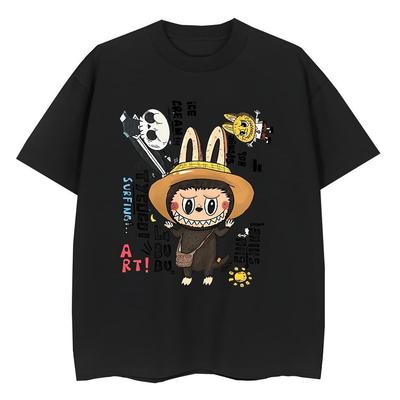 Camiseta estampada Labubu de manga curta fofa desenho animado solta tops masculinos e femininos
