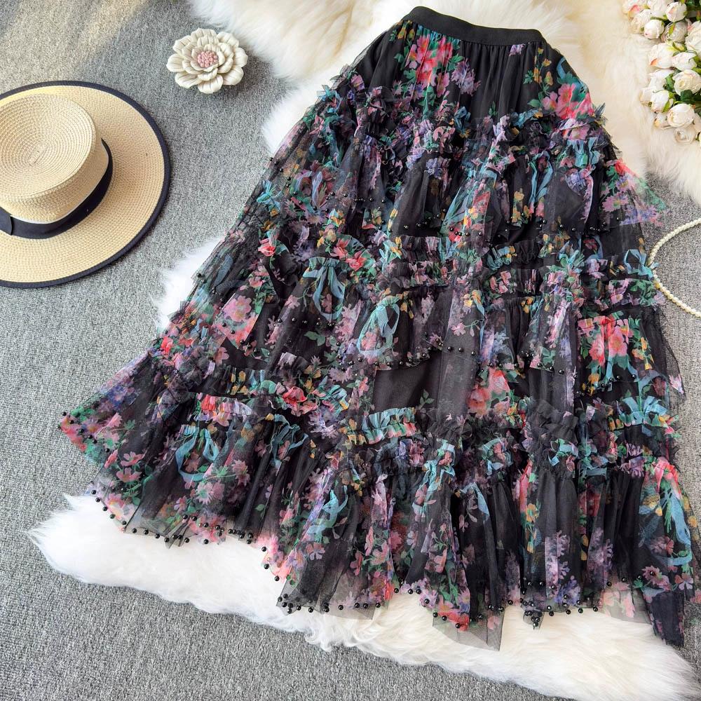 DIMANAF 2025 Summer Women Skirts New Elastic Waist Pleated Mesh Elegant Skirts