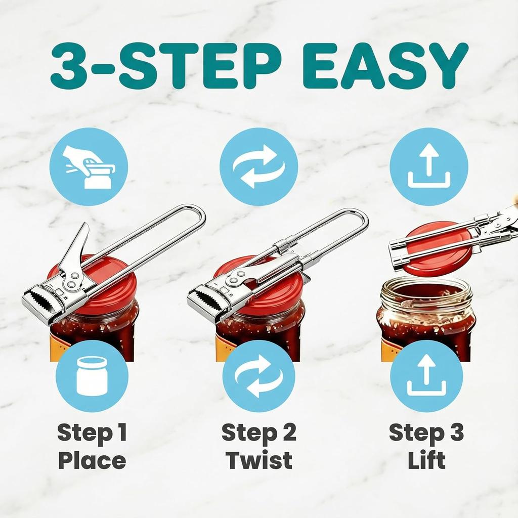 Adjustable Jar Opener for Stubborn Lids - One-Handed Grip, Effortless Opener for Jars & Bottles, Durable Stainless Steel Tool for Weak Hands (1)