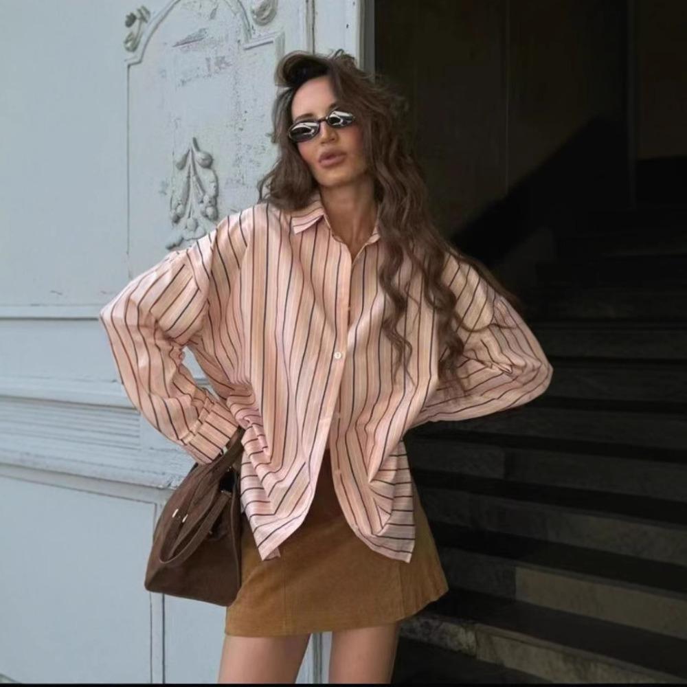 

Striped Shirt Pink Loose Long Sleeve Top Versatile Fashion Printed Women s Shirt XL
