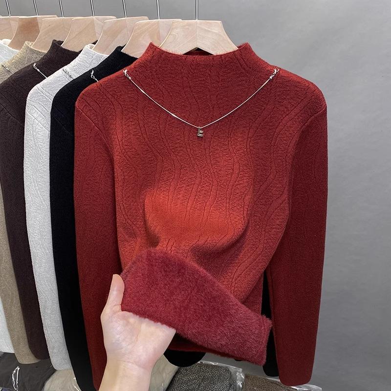 

Женский теплый свитер с полуворотником-стойкой, из флиса, осенне-зимний, с начесом внутри, утолщенный, с длинным рукавом, базовый топ average size [recommended 80-60kg]