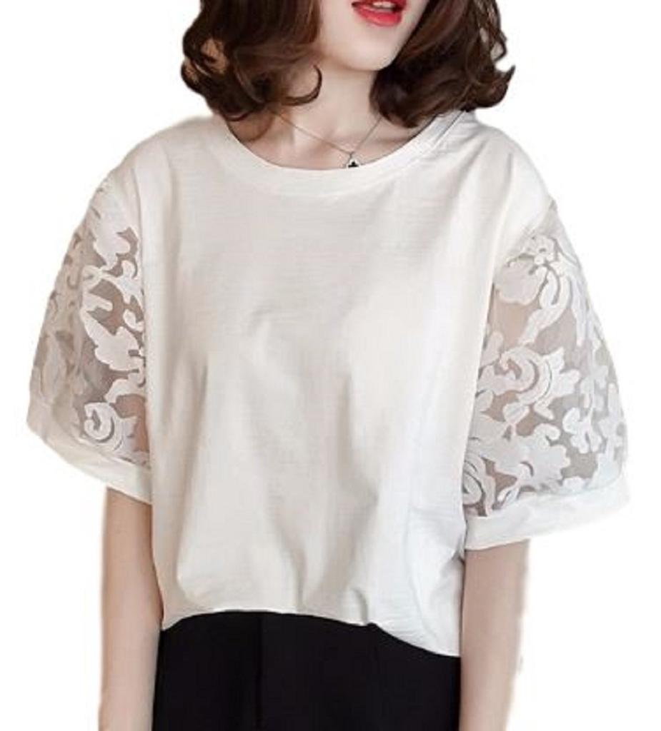 Blouse with Printed Organza and Lace 1/2style Women's T-Shirt Sleeves, See-Through (L, White)