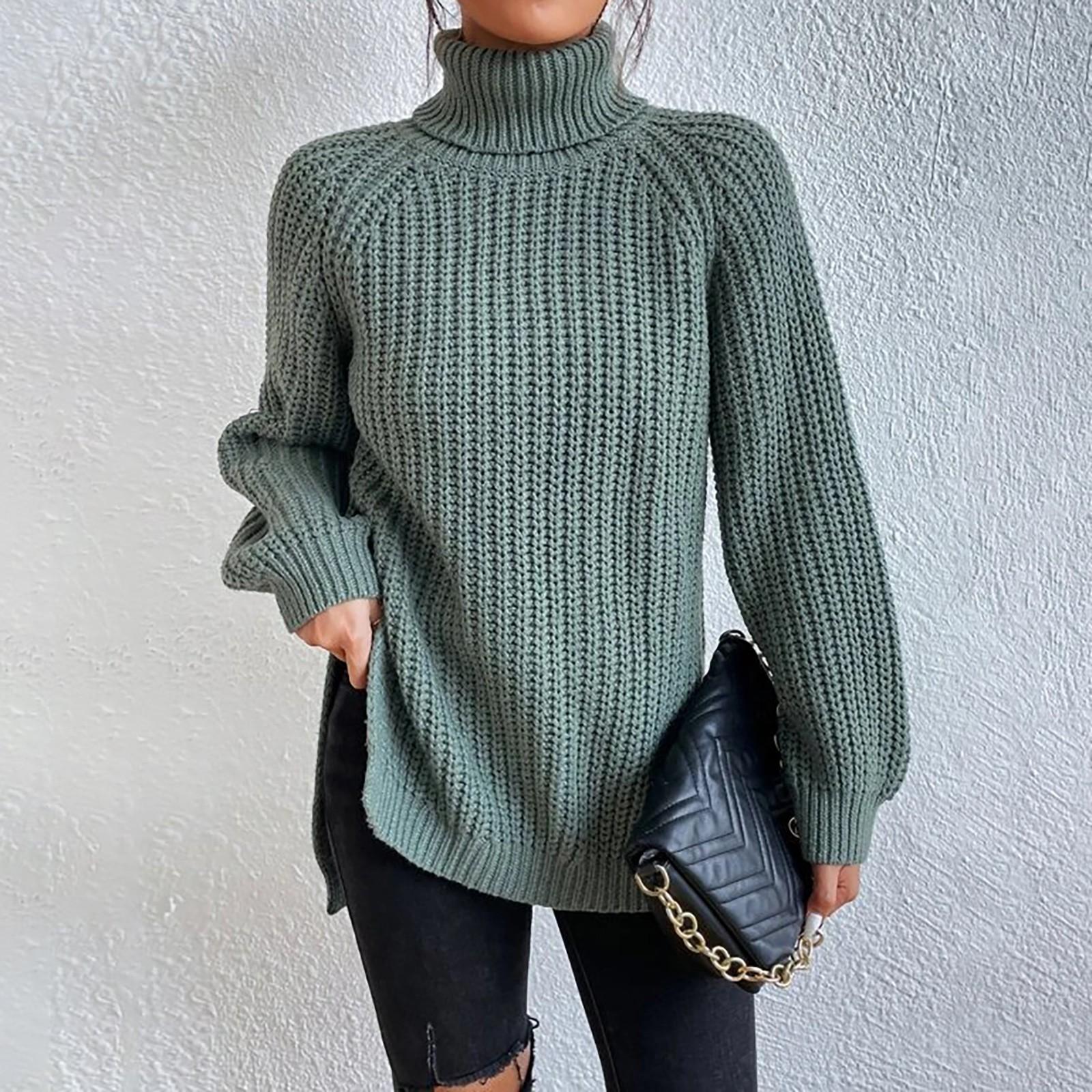 Женский повседневный однотонный тонкий вязаный свитер с высоким воротом и длинным рукавом — фото 4