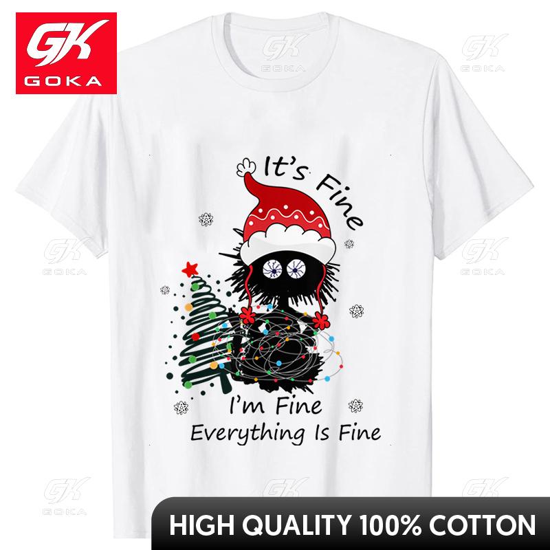 

Funny Cat Its Fine Im Fine Everything Is Fine Xmas Unisex TShirt Christmas Lights Print Tops Harajuku Aesthetic Male Clothing S