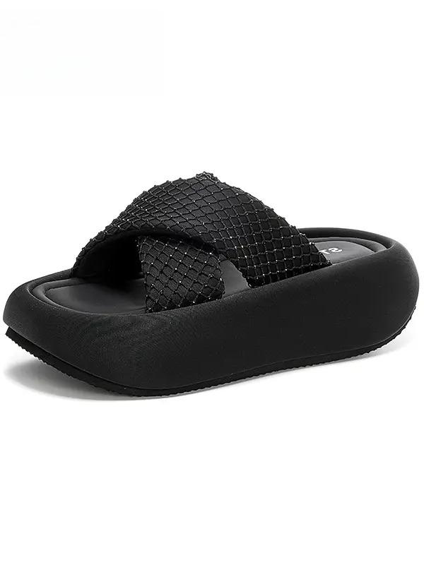 

Stepping on shit, thick bottom heightening rhinestone temperament wearing slippers women 2025 new soft bottom Internet celebrity explosion muffin slip 40 чёрный