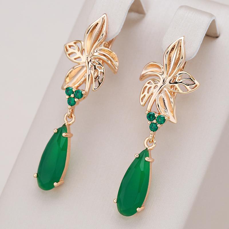 Kienl New  Rose Gold Long Earring For Women Vintage Green Natural Zircon Flower Drop Earrings Bride Wedding Jewelry