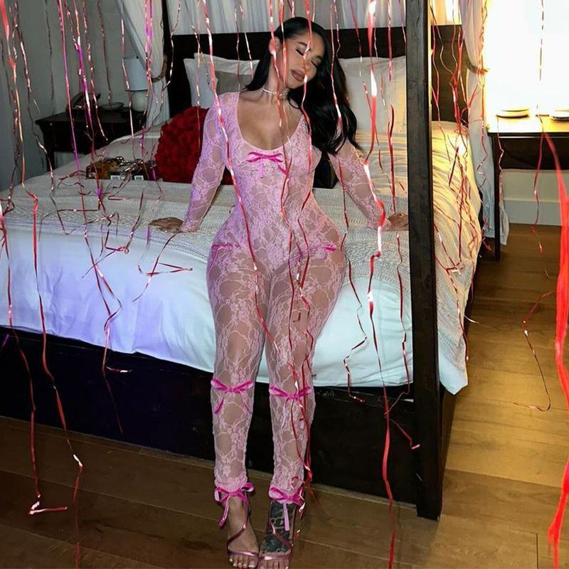 

Tall Beauty Sexy Sexy Women s Clothing U-Neck Long-Sleeved See-through 11028 Lace Back Zipper Jumpsuit Pink L