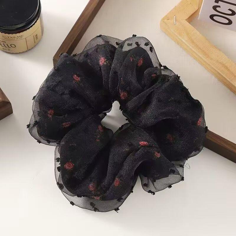 

Винтажная резинка-скранчи в горошек с черным цветком, шикарная повязка на голову, держатель для хвостика, двухслойная роза, аксессуар для волос, головной убор