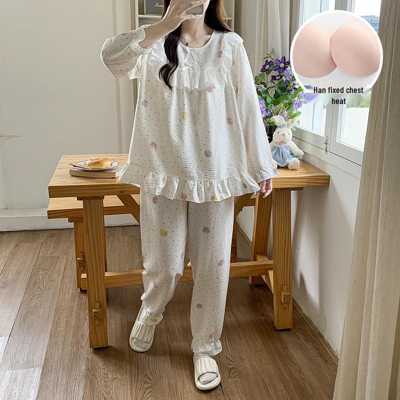 Women's Princess Style Cotton Pajama Set with Padded Bust - Lace Trim Long Sleeve for Spring/Autumn