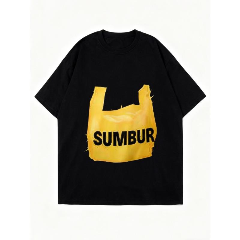 Oversized T Shirt Black Yellow Plastic Bag Print SUMBUR Text Casual Streetwear Fashion Top for Women Summer Outfit