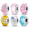 925 Silver Pink Flower Glass Charms Beads For Women Fit Bracelet DIY Birthday Party Jewelry Gifts