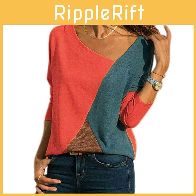 Elegant Women T-shirts Long Sleeve Round Neck Patchwork Pullover Slim Fit Female Tops