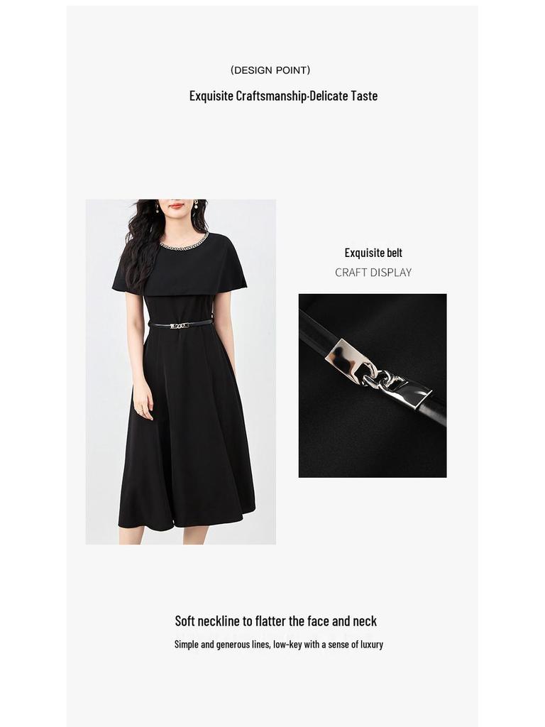 French Design Black Mid-Length Socialite Cape Dress for Women