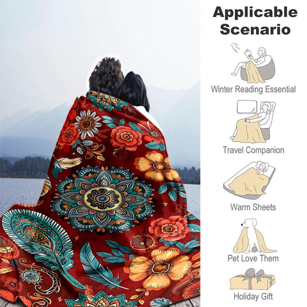 1PC Floral MandalaOutdoor Flannel Blanket - Soft Plush Decor for Picnics, camping, Bedroom, Playroom, Office, or Lunch Break 1268A
