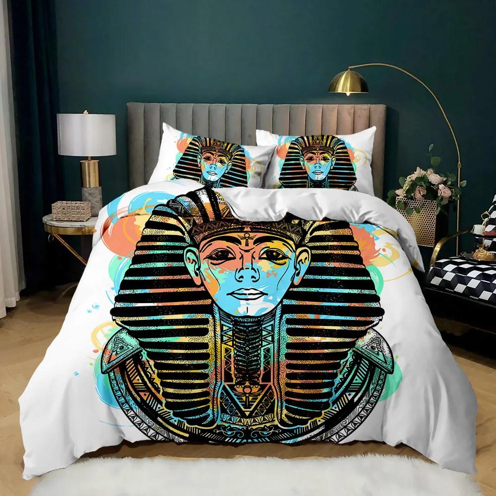 Pharaoh Bedding Sets,King Size 3D Ancient Egypt Tribe Decor Comforter Cover Set For Adult Egyptian Pyramid Polyester Duvet Cover