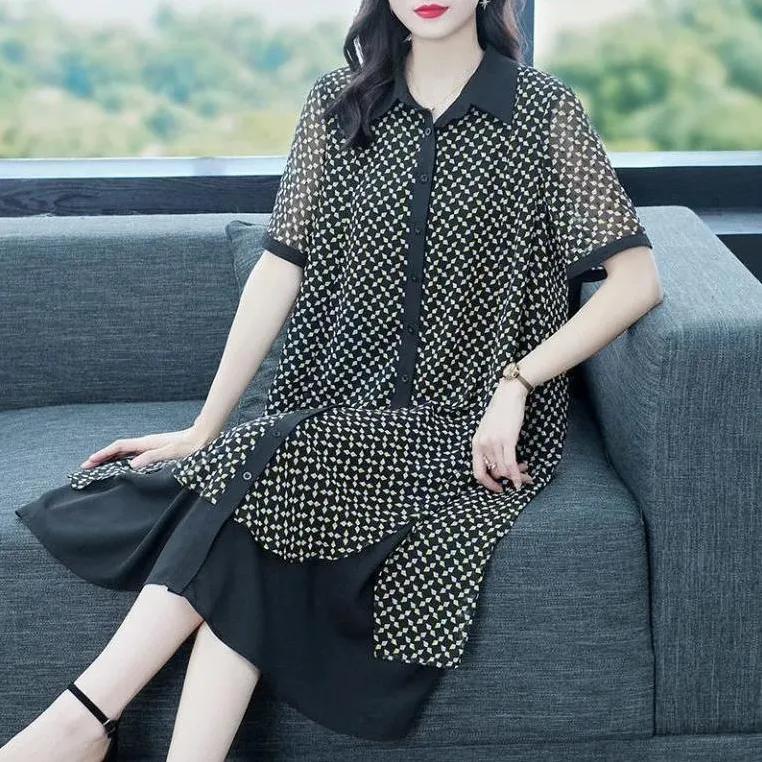 Female Summer Loose Plus Size Dress, Mid Length Ethnic Style Flip Collar Chiffon Skirt