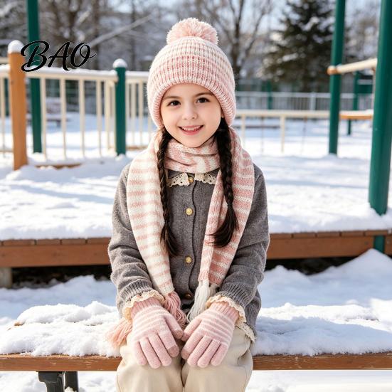 Soft Skin Friendly Winter Set 1 Hat Scarf Gloves for Kids, Fleece Lined Striped Knit with Children Elastic Ribbed Pom Pom, Cozy Toddlers Boys