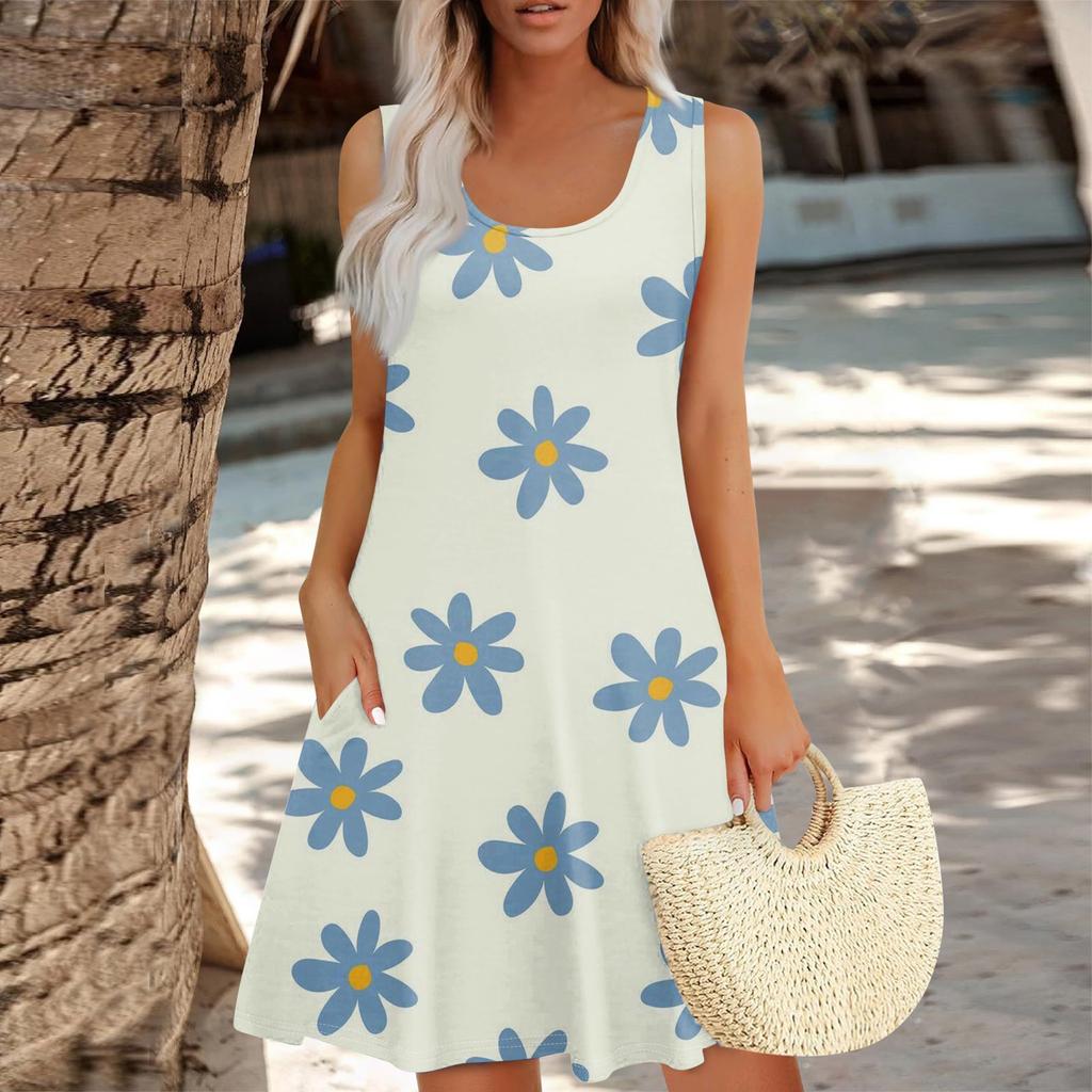 Women's Summer Floral High Waist Bohemian Dress Casual Hawaiian Flowing V Neck Holiday Dress