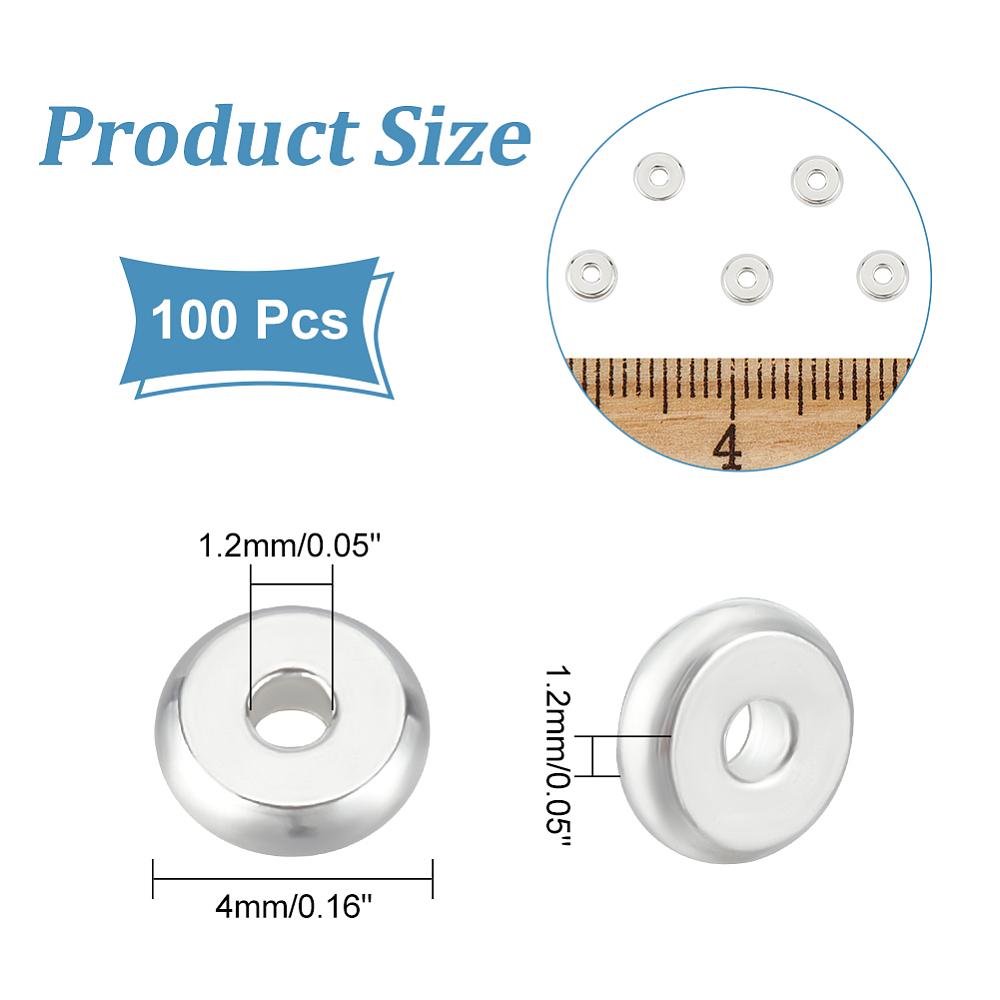 100Pcs 304 Stainless Steel Spacer Beads, Flat Round, Silver, 4x1.2mm, Hole: 1.2mm