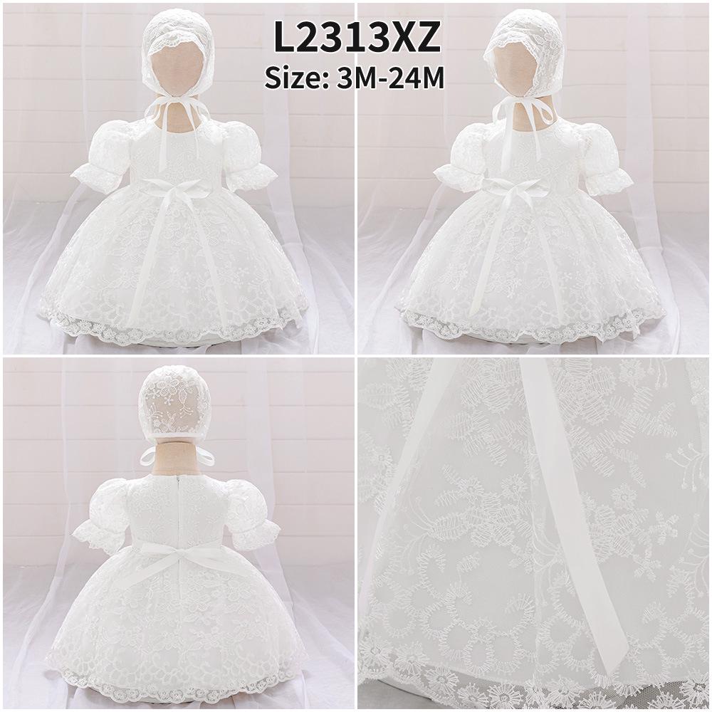 European & American Baby Lace Christening Dress with Puffy Skirt & Hat