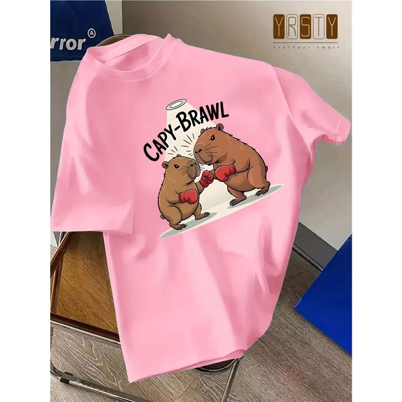 

European sizes Children Capybara Boxing Graphic T-Shirt Casual Short Sleeve Tee with Playful Capybara Boxing Design Regular Fit Round Neck Summer Top 164cm рожевий