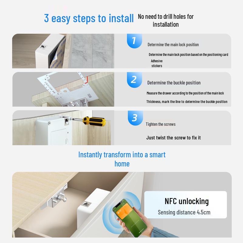 NFC Card Swipe Invisible Drawer Lock - No-Drill Electronic Lock for Cabinets