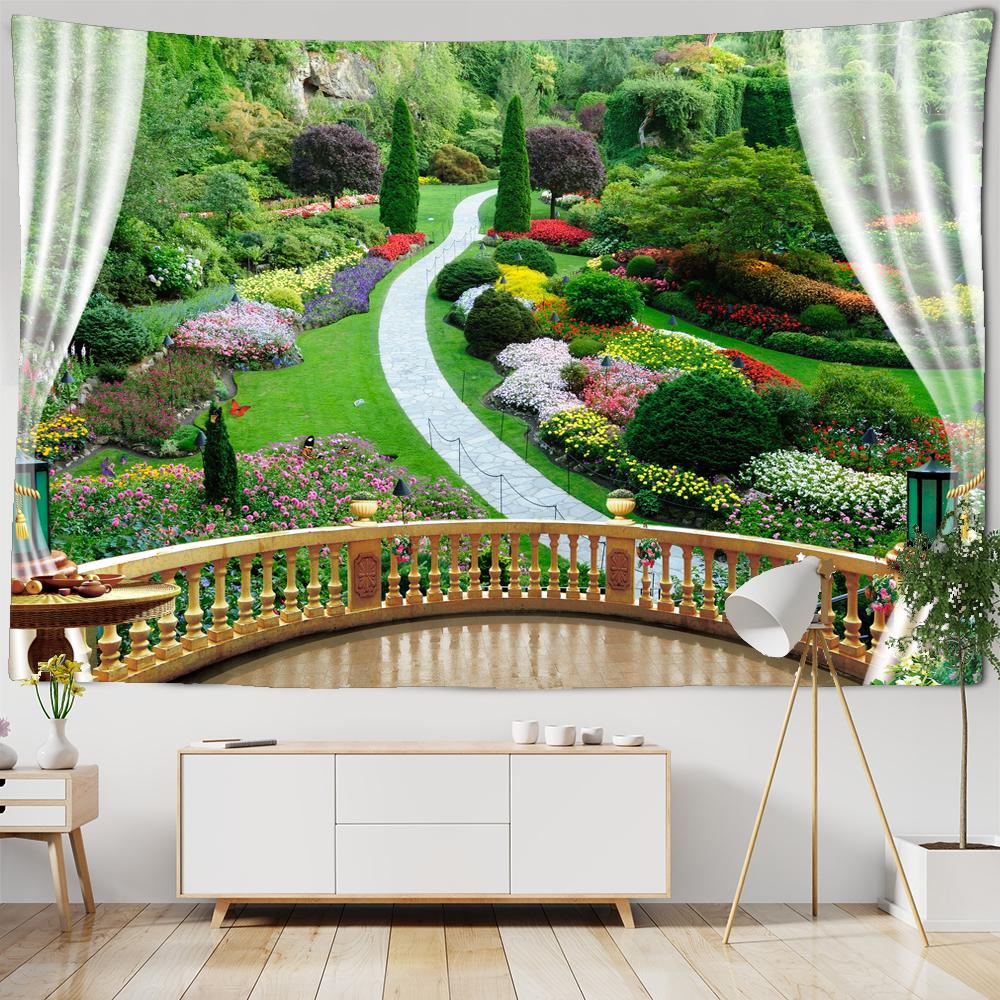 

Гобелен с пейзажем на окне для украшения, 3D-гобелен с романтическими цветами, домашняя живопись, психоделические лесные гобелены, настенные гобелены W300xH180cm