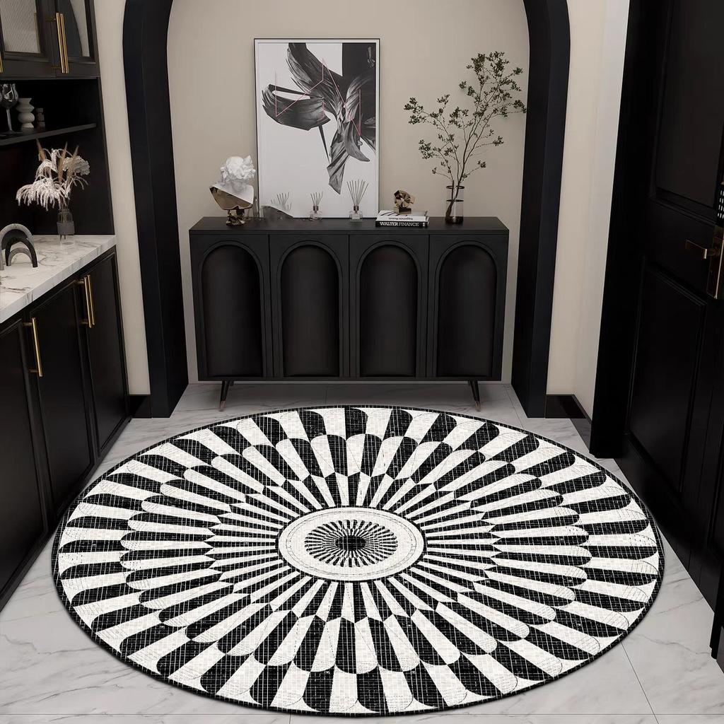 Modern Geometric Patterned Round Area Rug Artistic Gold Line Shape Print Carpet Soft Non Slip Floor Mat For Living Room Bedroom