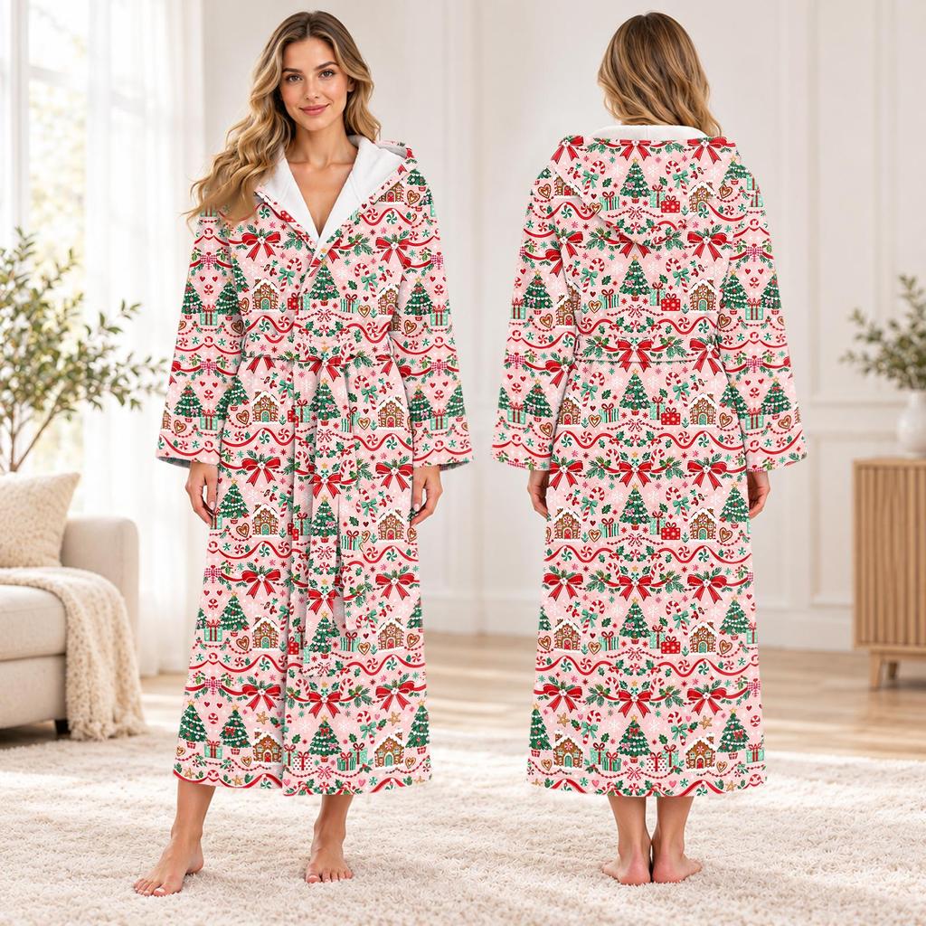 Unisex Long Christmas Print Flannel Bathrobe, Absorbent Quick-Dry Sleep Robe for Men and Women