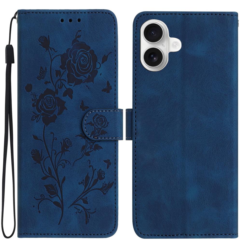 For iPhone 17 Wallet Case Rose Pattern Imprinted Leather Flip Stand Phone Cover with Strap