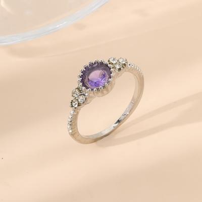 Huajie Classic Round Amethyst Zircon Inlay Women's Rings Silver Color Charming Wedding Ring  Trendy Tide